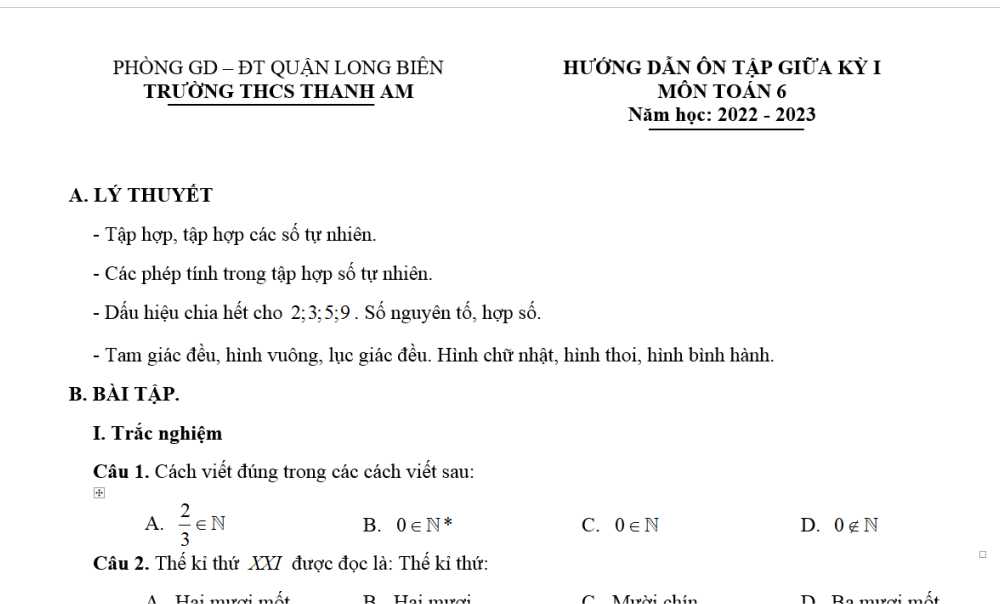 Toán 6: Đề cương Ôn tập giữa học kì 1. Trường THCS Thanh Am - Quận Long Biên năm học 2022-2023